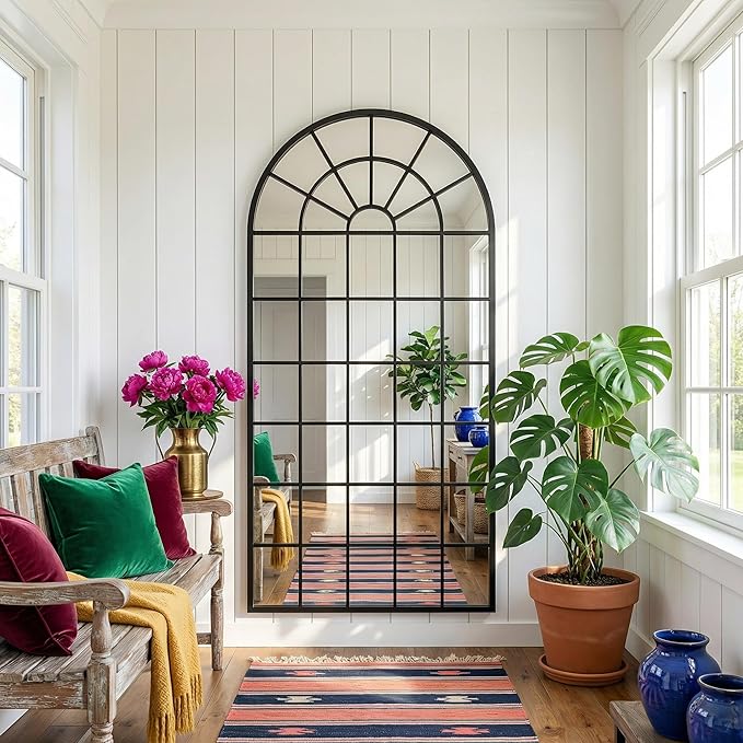 64x30Inch Large Arched Window Pane Mirror| Black Arched Mirrors for Wall & Floor | Arch Mirror Full Length for Entryway Living Room & Bedroom | Oversized Mirrors | Wall Art Decorative |Farmhouse Décor