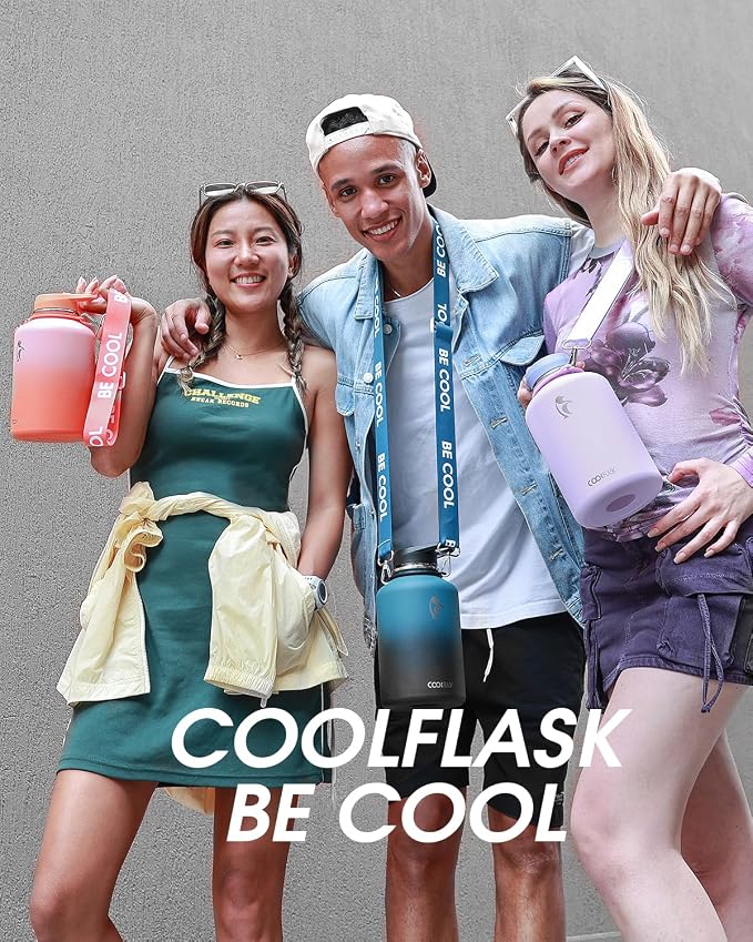 Coolflask Half Gallon Water Bottle Insulated Stainless Steel with Strap | 64 oz Large Water Jug with Straw & Spout Lids,Triple-Wall, Cold 48+h,Dishwasher Safe, Leakproof, BPA-Free,for Gym & Hiking