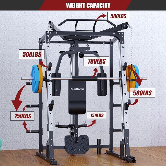 SunHome Smith Machine, 2000LBS Power Cage Squat Rack with Smith Bar, LAT Pull-Down Systems, Cable Crossover Machine for Home Gym