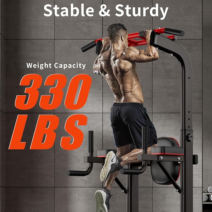 SogesHome Pull Up Bar and Dip Station Adjustable Home Gym Fitness Equipment | Multifunctional Heavy Duty Power Tower 330LB Capacity, Free Standing Strength Training Exercise Machine for Full Body Workout