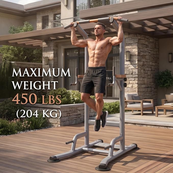 Multi-Function Power Tower Pull Up Bar Station with Pilates Resistance Bands, 450LBS Stable Pull Up Dip Station with Push Up Handles for Home Gym Strength Training Equipment