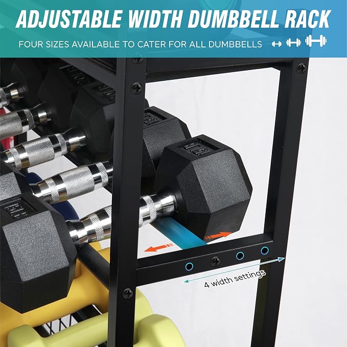 STUFFSTASH Dumbbell Rack for Home Gym, Heavy Duty Weight Rack for Dumbbells, Adjustable Dumbbell Stand with Storage, 700LB Capacity Gym Equipment Organizer with Wheels