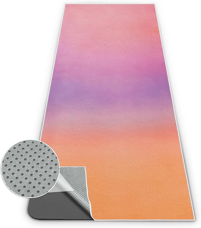 Yoga Mat Towel Non Slip Ultra-Absorbent Hot Yoga Towel, Super Stylish Printed Sweat Hot Yoga Towel, Ideal for Home, Workouts, Pilates, Yoga, 72 x 27in, Purple & Orange