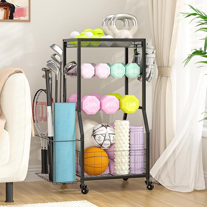 Home Gym Storage Rack, Dumbbell Rack with Yoga Mat Storage, Weight Rack Stand with Lockable Wheels and Hooks, Home Workout Equipment Organizer for Yoga, Dumbbell, Kettlebells, Ball Storage