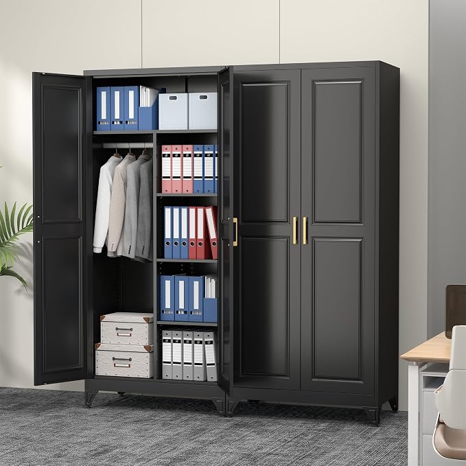 Polup Metal Armoire Wardrobe Closet, 71" Tall Wardrobe Cabinet with 2 Doors | Heavy Duty Steel Clothing Storage Cabinet with Hanging Rod & 3 Adjustable Shelves for Bedroom, Office, Broom Closet, Black