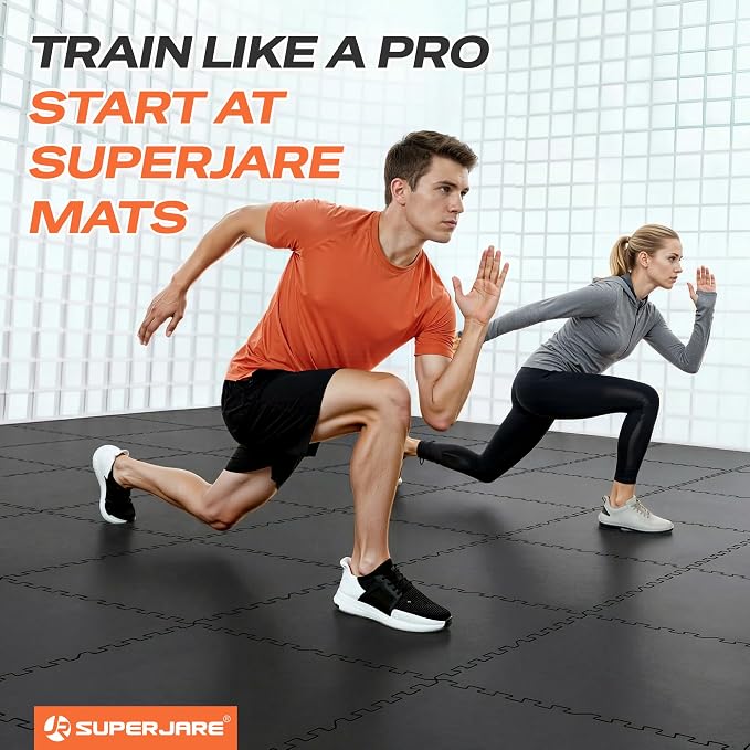 SUPERJARE 0.56'' Thick 12 Pcs 48 Sq Ft Rubber Top Exercise Equipment Mats, High Density EVA Foam Mats with Rubber Top, Interlocking Gym Flooring for Home Gym, Protective Workout Mat, Black