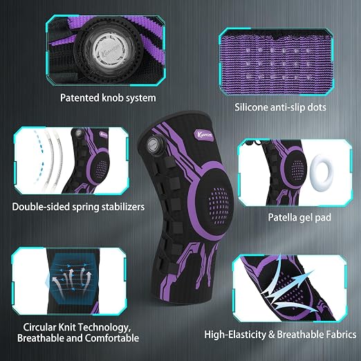 Kuangmi Knob Knee Brace for Pain Relief, Knee Support with Patella Gel Pad & Side Stabilizers, Compression Knee Sleeve for Workout, Arthritis, Joint Pain, Meniscus Tear (Purple Black,Left,Large,Single)
