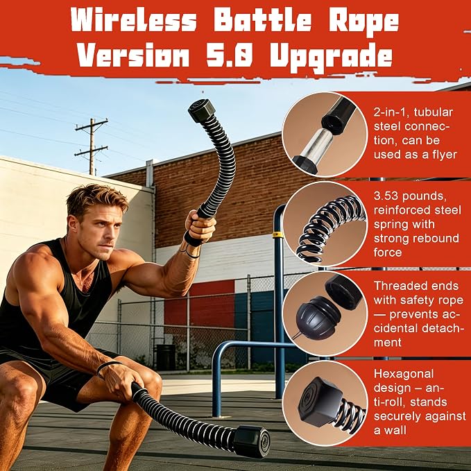 2-in-1 Ropeless Battle Rope & Vibration Bar, Portable Cordless Fitness Ropes for Home Gym, Strength Building, HIIT Training & Low-Impact Aerobic Training for Men and Women