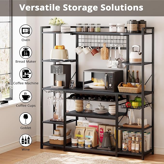 IRONCK 62.4-Inch Bakers Rack with Power Outlets and Wine Storage | 62.4-inch wide bakers rack combines 5 shelves, 3 AC outlets, a wine rack, basket, and S-hooks.
