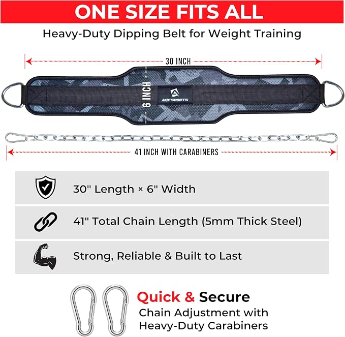 AQF Dip Belt with 36" Steel Chain - Neoprene Padded Back Support Belt | Secure Carabiners for Weighted Pull ups, Dips, Gym, Powerlifting, Bodybuilding, Squat & Fitness