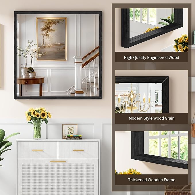 Syndra Square Black Wood Frame Bathroom Mirror, 32''x32'' Modern Vanity Mirror for Wall, Waterproof Slim Deep Frame, HD Tempered Glass Mirror for Living Room, Bedroom, Entryway, Rustic, Farmhouse