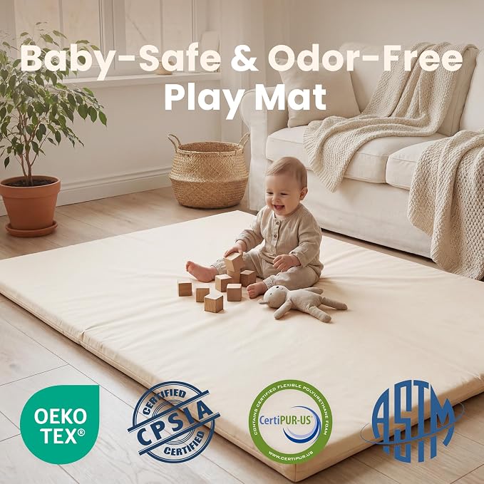 Huloo Sleep Baby Play Mat 65x50 Inches, 1.3" Thick Padded Waterproof Floor Cushion & Playpen Mat with Vegan Leather, Non-Slip & Non-Toxic Nursery Rug for Infants, Toddlers & Kids(Beige)