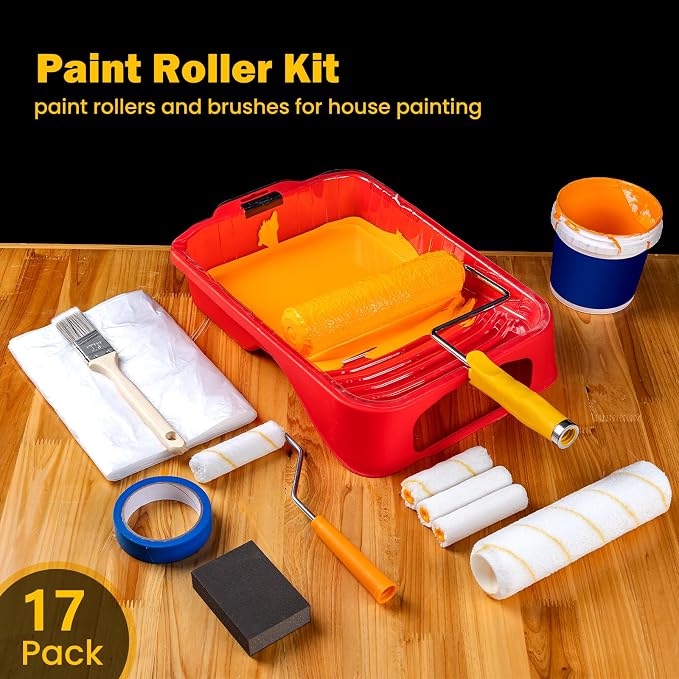 Mister Rui 17 Pieces Paint Roller Kit with 9 Inch Magnetic Tray and Liners | Wall Painting Supplies with Microfiber Roller Cover, Roller Frame, 1.5 Inch Sach Brushes, Sanding Sponge for Painting Project