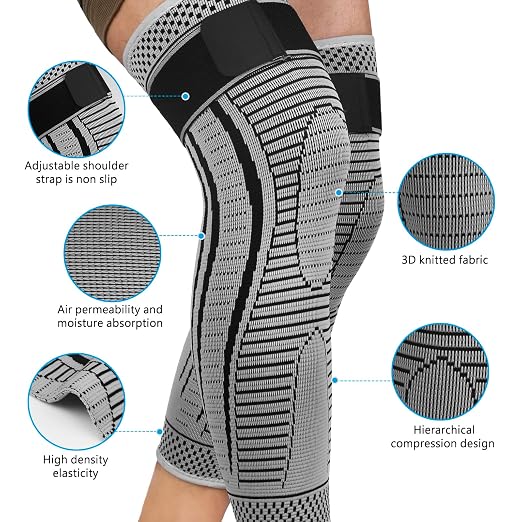 Full Leg Compression Sleeves 2 Pack anti Sliping Ventilation Long Knee Support with Wraps for Men and Women Long Knee Compression Sleeve for ACJ, PCL, Meniscus Tear, Arthritis (S, Gray)