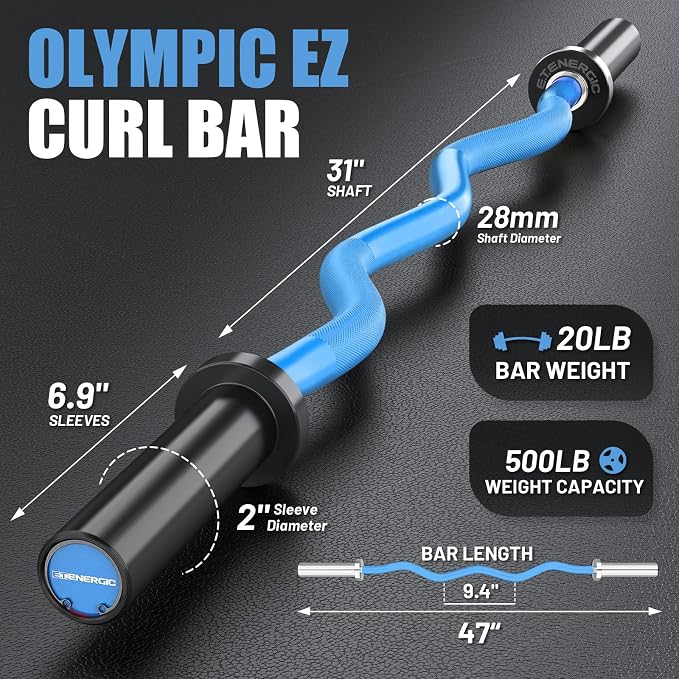 47” Solid Steel Olympic Curl Bars, 500LB | EZ and Super EZ curl bars with knurled grips, rotating sleeves, solid steel build, and 2-inch Olympic plate compatibility