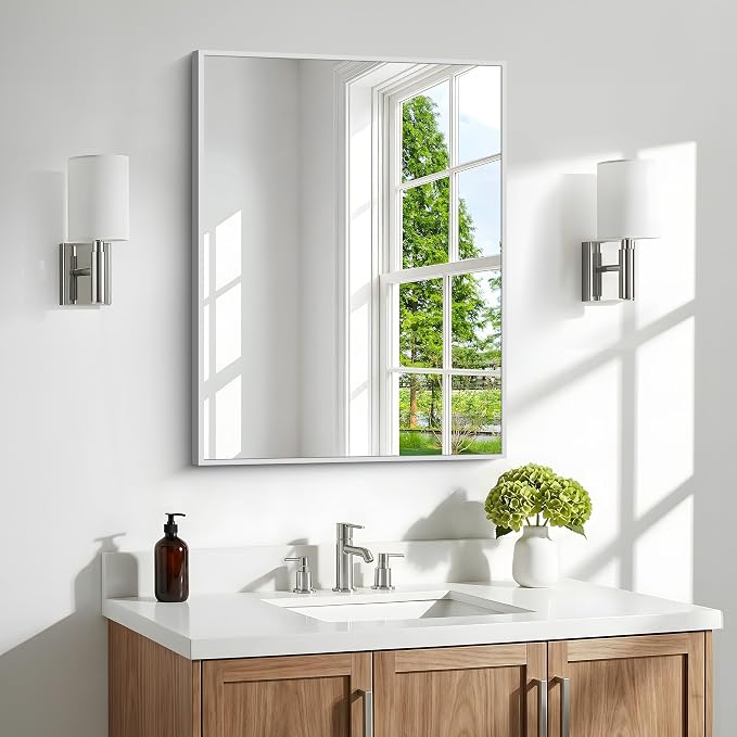 BONEWEI Silver Bathroom Mirror,24x30 inch Wall Mirror for Bathroom Wall Mounted,Rectangle Mirror for Bathroom Over Sink,Modern Metal Frame for Living Room,Bedroom Entryway,Horizontal/Vertical