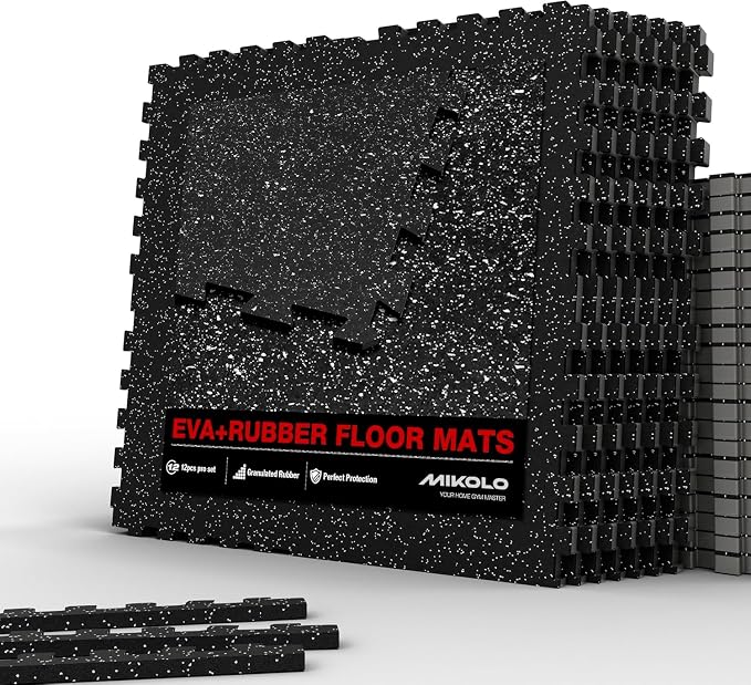 Mikolo 0.56'' Thick 12 Pcs 48 Sq Ft Gym Flooring Mats, High-Density EVA Foam with Rubber Top, Interlocking Exercise Equipment Mats for Home Gym, Protective Workout Mat