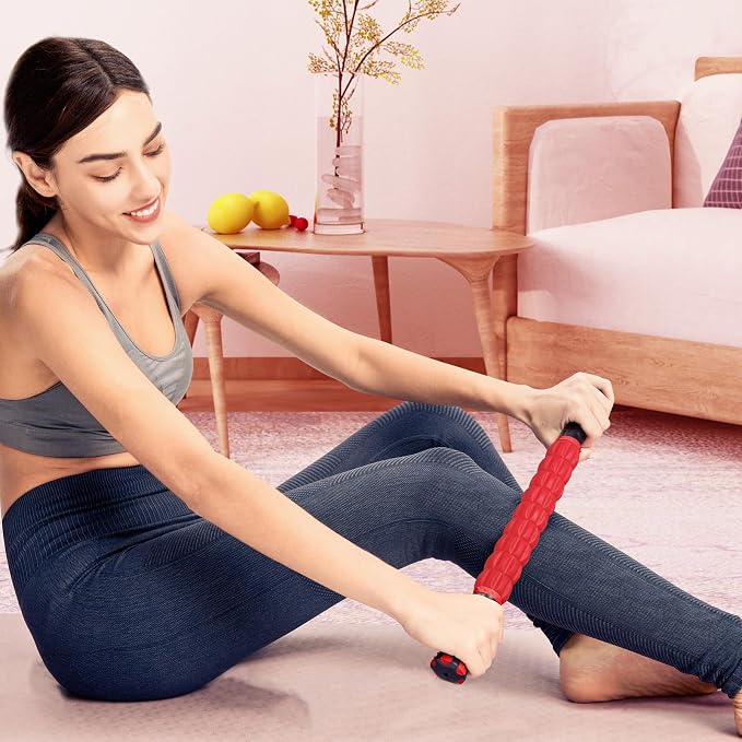 YANSYI Professional 9-Roller Deep Tissue Massage Stick - Portable Muscle Recovery Roller for Athletes, Relieves Post-Workout Soreness & Leg/Back Pain - Portable Physio Tool (Red)