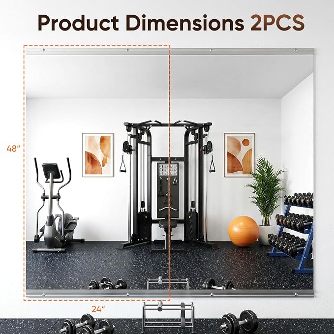 Antok Home Gym Mirror 48"x24" 2PCS, Large Full Length Wall Mounted Mirrors, Frameless Tempered Glass Full Body Mirror for Gym Yoga Dance Studio Garage Bedroom & Bathroom
