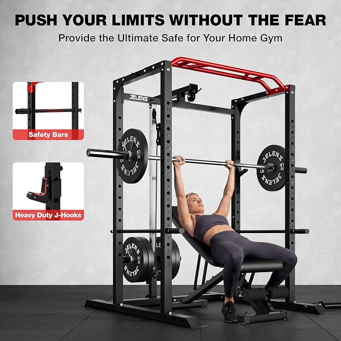 JELENS S11 Power Cage, 2000LB Multi-Function Power Rack with LAT Pulldown, Squat Rack with Adjustable Pulley System and Training Attachments, Weight Rack for Home Gym