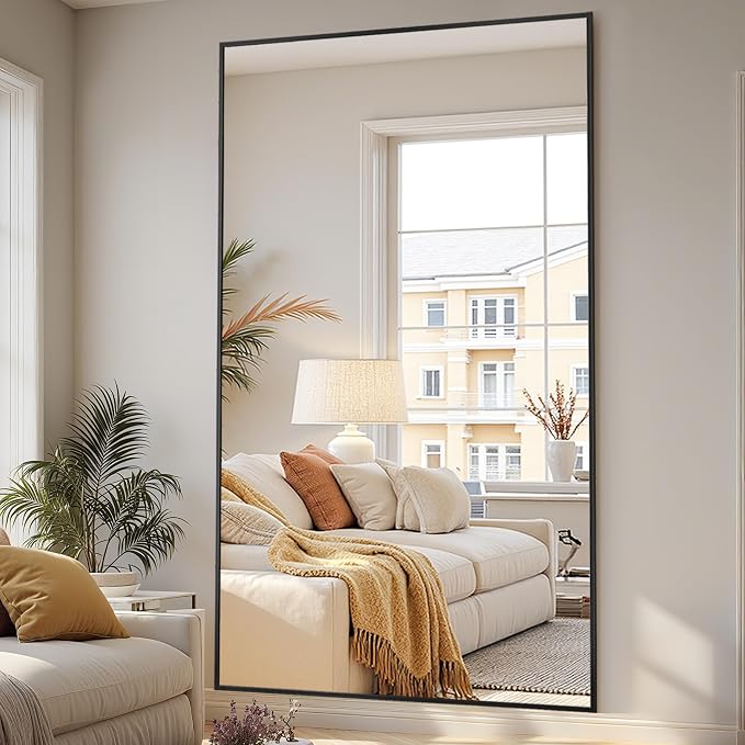 Full-Length Floor Mirror with Stand, 78"x38" Rectangle Style Full Body Standing Mirror for Bedroom, Living Room, Gym, Dorm - Shatter-Resistant & Easy Assembly, Black