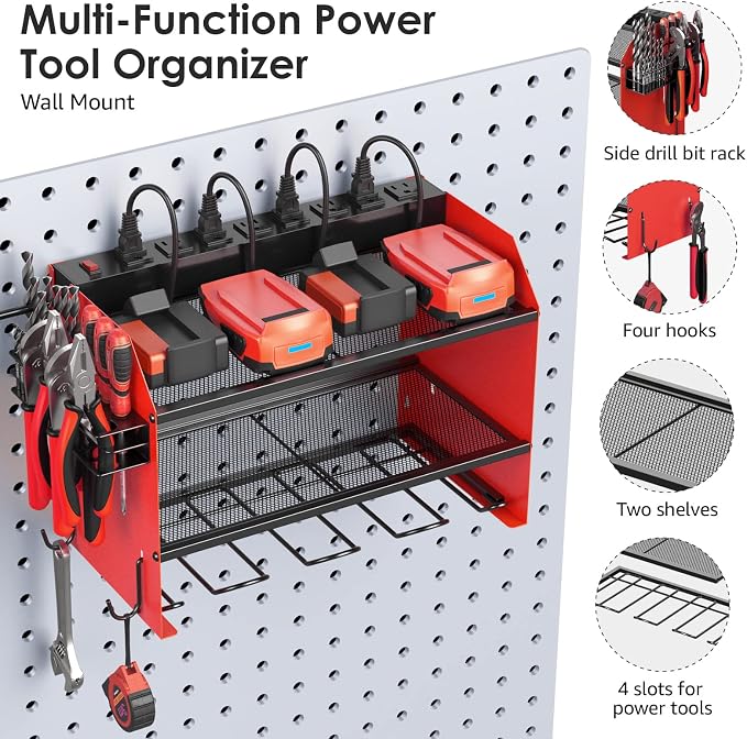 CCCEI Wall Mount Modular Tool Charging Organizer, Red, 1 Pack, 3 Tier. | Drill Battery Storage Rack with Hooks, Garage Workshop, Gifts for Men, Dad, Husband Anniversary, Birthday, Christmas