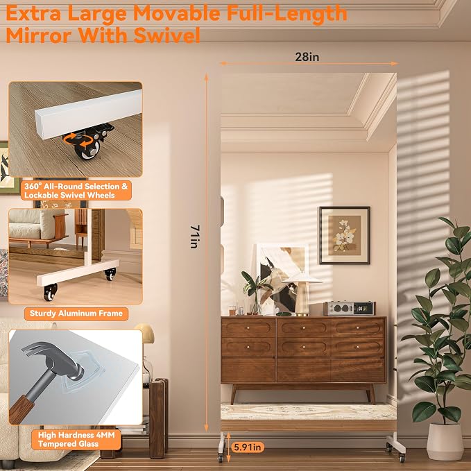 Hasipu 71" x 28" Large Full Length Rolling Mirror with Wheels, White | Tempered glass, sturdy metal frame, smooth rolling casters, removable stand, ideal for gym, bedroom, dance studio & yoga.