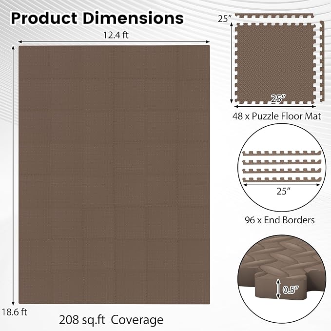 Tangkula 48 Tiles Exercise Flooring Mats with Border, Non-Slip EVA Foam Protective Mats, Elastic Puzzle Play Mats, 1/2" Interlocking Floor Mats for Home Gym, Fitness Room (Brown)