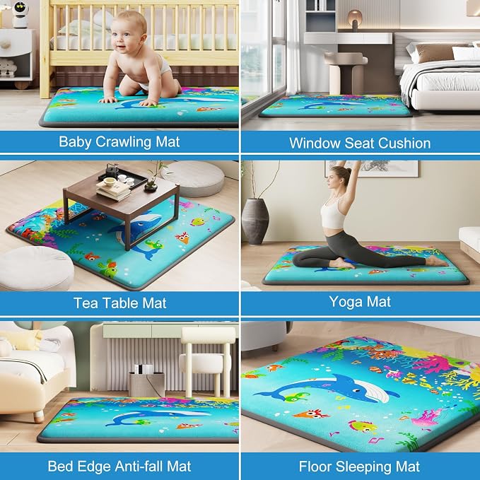 1.3" Thick Baby Play Mat for Floor, Elasti-Foam 50x50 Playpen Mat, Water Repellent Ultra Soft Coral Velvet Tummy Time Crawling Mats for Kid Toddlers Infants, Non-Slip Backing Safe for Crawling Ocean