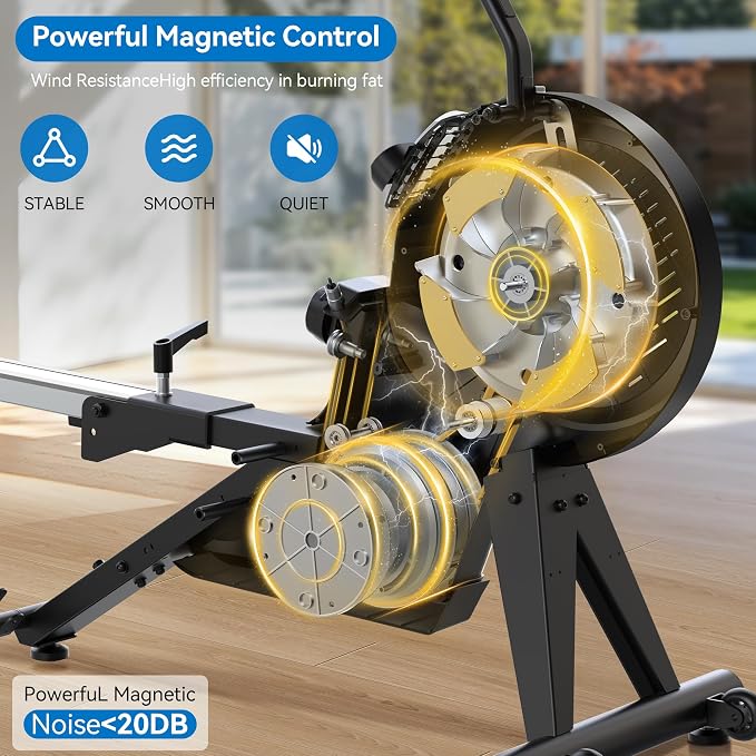 pooboo Dual Scull Rowing Machine with Wind and Magnetic Resistance | 400 LB weight capacity, 14 resistance levels, foldable design, quiet operation and app support for convenient home workouts