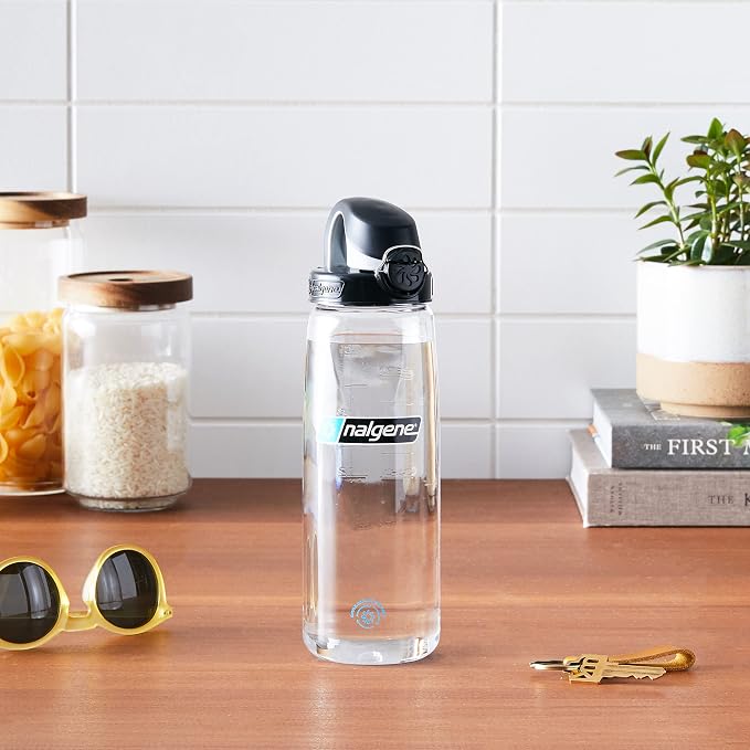 Nalgene 24 oz On The Fly Lock-Top Water Bottle, Clear w/Black | Easy Chug Cap with Locking Lid, Cup Holder Size, BPA-Free, Durable & Leak Proof, Lightweight Bottle for Hiking, Gym & Travel