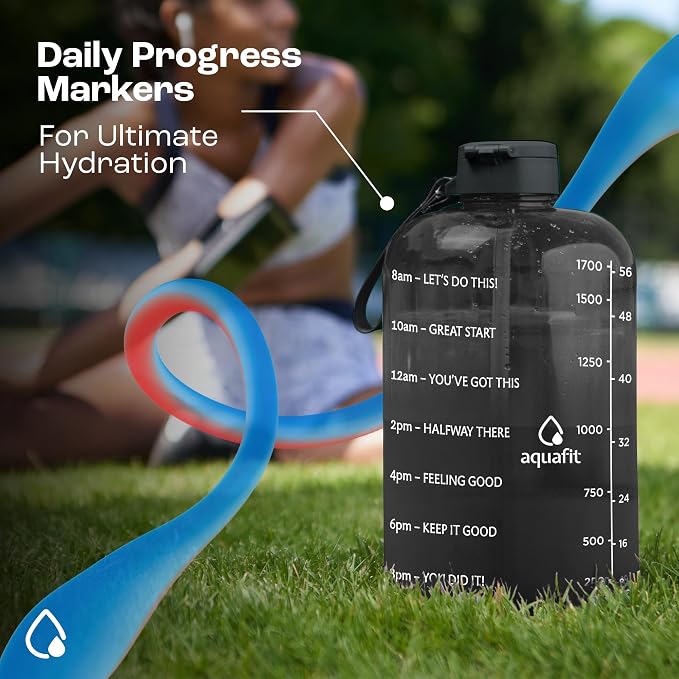 AQUAFIT Half Gallon Water Bottle with Time Marker - Straw & Chug Lid - BPA Free Gym Water Bottle with Straw - Big Gallon Jug (Clarity, 64 oz - 2 Lids) | BPA Free 64 oz Water Bottle with Straw and Chug Lids - Leakproof Gym Water Bottle with Carry Handle...