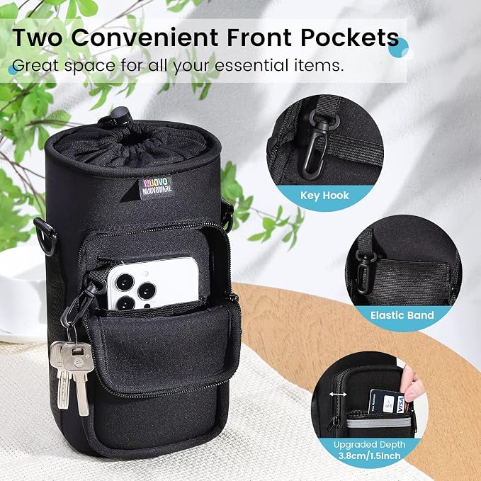 Nuovoware Water Bottle Carrier Bag, 40oz Bottle Pouch Holder, Adjustable Shoulder Hand Strap 2 Pocket Sling Neoprene Sleeve Sports Accessories for Hiking Travelling Camping, BlackCarbon
