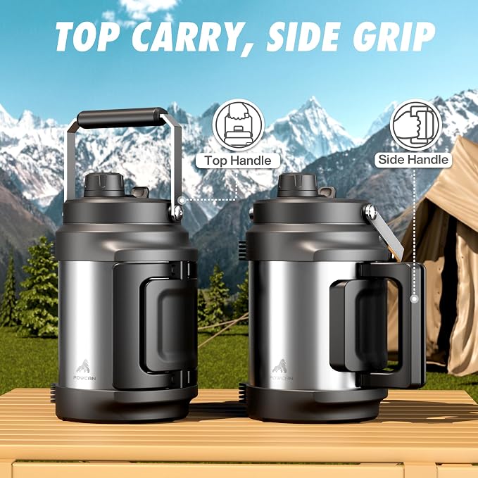 POWCAN 64 oz Stainless Steel Water Bottle: 2-in-1 Straw Spout Lid, Dual Handle, Leakproof, Keep Cold 48H, Half Gallon Insulated Water Jug for Outdoors, Fitness, Journey, Trip, Work, Camping (Steel)