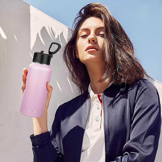 Insulated Water Bottle With Straw,32 oz Vacuum Insulated Stainless Steel Sports Water Flask,Keeps Cold and Hot,Metal Water Bottle Wide Mouth for Gym Travel Camping (Light pink)