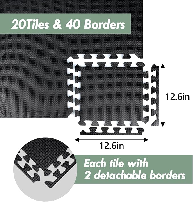 20 Sq Ft Interlocking Gym Floor Mats– 0.5in Thick High-Density EVA Interlocking Foam Floor Tiles – Puzzle Exercise Mat for Home Gym, Workout Equipment, Weightlifting, Kids Play Area (20 Tiles)