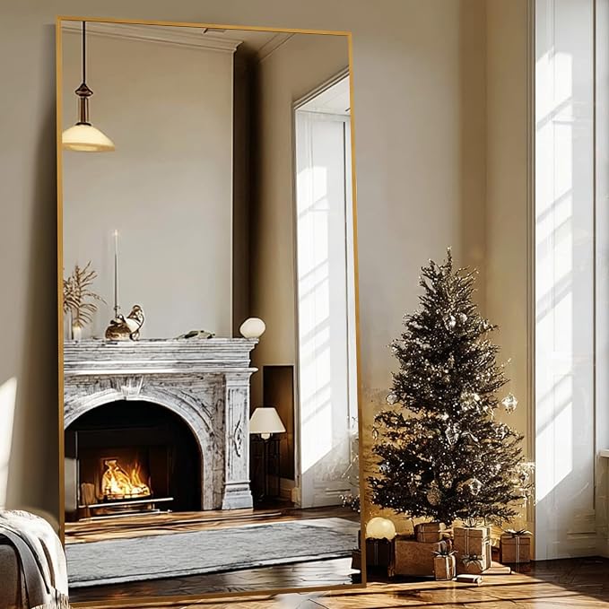 Beauty4U 79" x 39" Full Length Mirror with Stand, Gold Large Floor Mirror | Standing, Leaning, or Wall-Mounted Tempered Glass Full Body Mirror with Metal Frame for Bedroom, Closet, Modern Home Decor