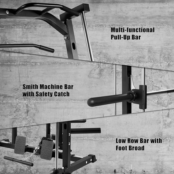RitFit Smith Machine Power Rack with LAT-Pull Down System | Half Smith Machine with Landmine, Barbell Bar, Plate Storage Pegs and More Training Attachment
