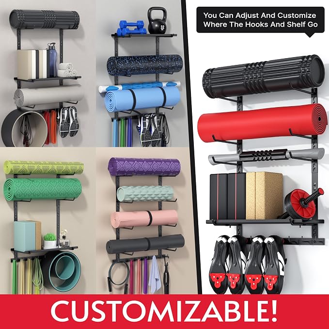 Home Gym Wall Storage Shelf, 1 Board & 4 Adjustable Holders Sets | gym wall storage shelf with 4 adjustable holder sets and 8 hooks for mats, bands, shoes and workout gear