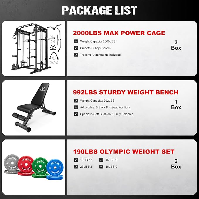 JELENS M21 Smith Machine, Multi-Function Power Cage with Dual Pulley Cable Crossover System, 2000LBS All-in-One Squat Rack with Smith Bar and Attachments for Home Gym