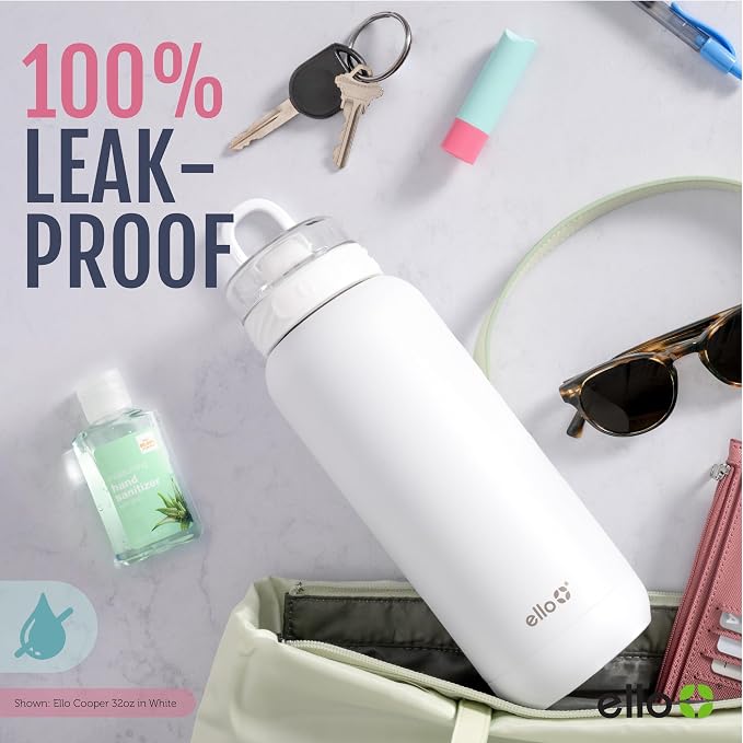 Ello Cooper 40oz Stainless Steel Water Bottle with Straw and Carry Handle, Double Walled and Vacuum Insulated Metal, Leak Proof Locking Lid with Soft Silicone Spout, Reusable, BPA Free, Lilac