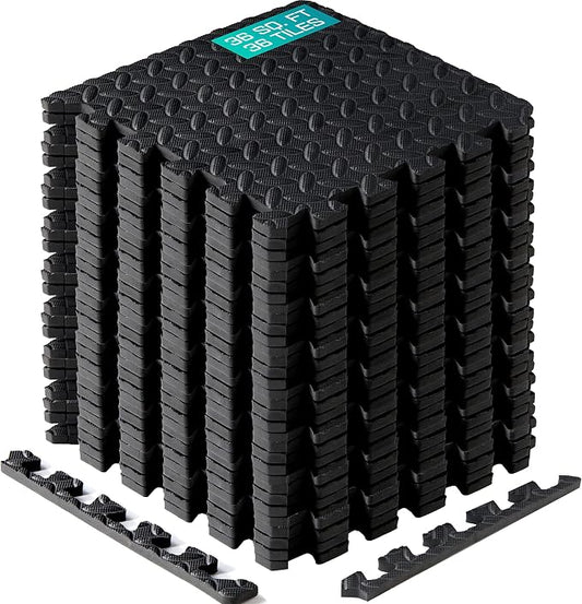 Yes4All Interlocking Exercise Foam Mats with Border – Interlocking Floor Mats for Gym Equipment – Eva Interlocking Floor Tiles - 36 Square Feet (36 Tiles) - Black