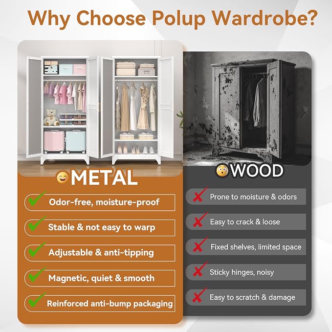 Polup Metal Armoire Wardrobe Closet with Mirror, 71" Tall White Cabinet | Heavy Duty Steel Clothing Storage Cabinet with Hanging Rod & Adjustable Shelves for Bedroom, Office, Gym, Garage, Armarios