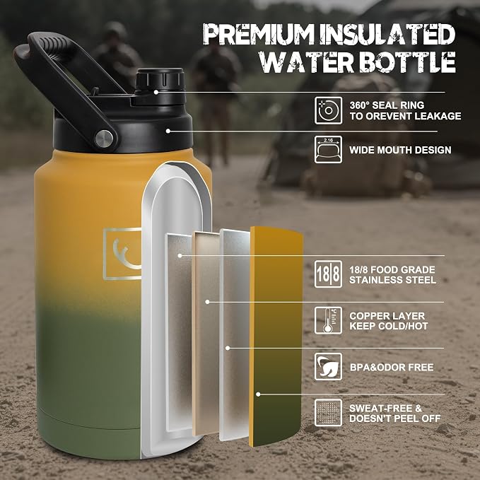 NATURE PIONEOR 128oz/1 Gallon Tactical Water Bottle with MOLLE Bottle Pouch | 18/8 Food-grade Stainless Steel, Double Vacuum Insulation, Wide-Mouth, Straw & Spout Lid, Strap, Camping, Hiking, Gym, Work