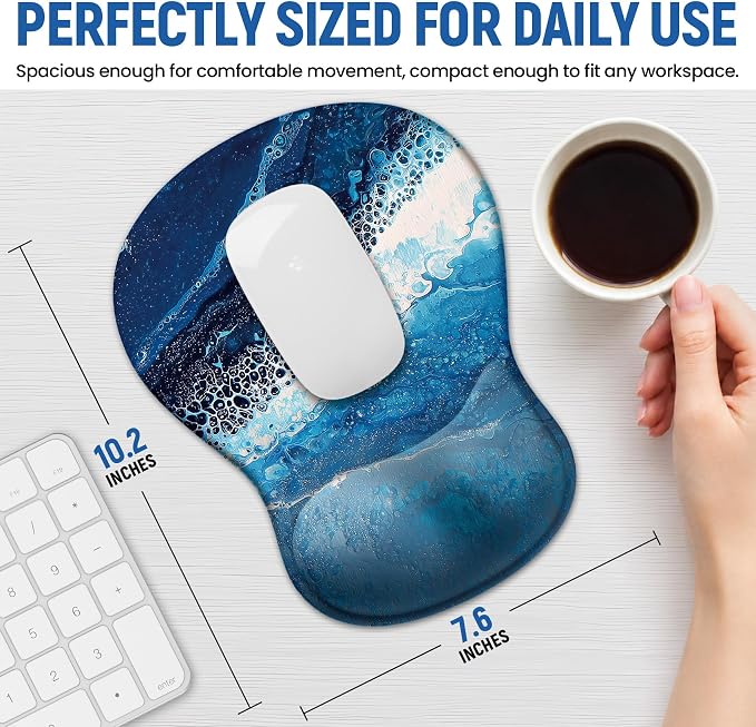 Ergonomic Mouse Pad with Wrist Rest, Gel Wrist Support, Waves | 10.2 x 7.6 in Mouse Pad with Smooth Fabric Surface and Non-Slip Rubber Base for Office, Home, Study, and Gaming