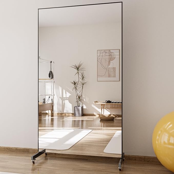 Extra Large Full Body Floor Mirror with 360° Lockable Wheels, 75*39 Inch Super Lightweight Glassless Shatterproof Surface, Rolling Full-Length Mirror for Yoga, Dance Studio, Home Gym, Black