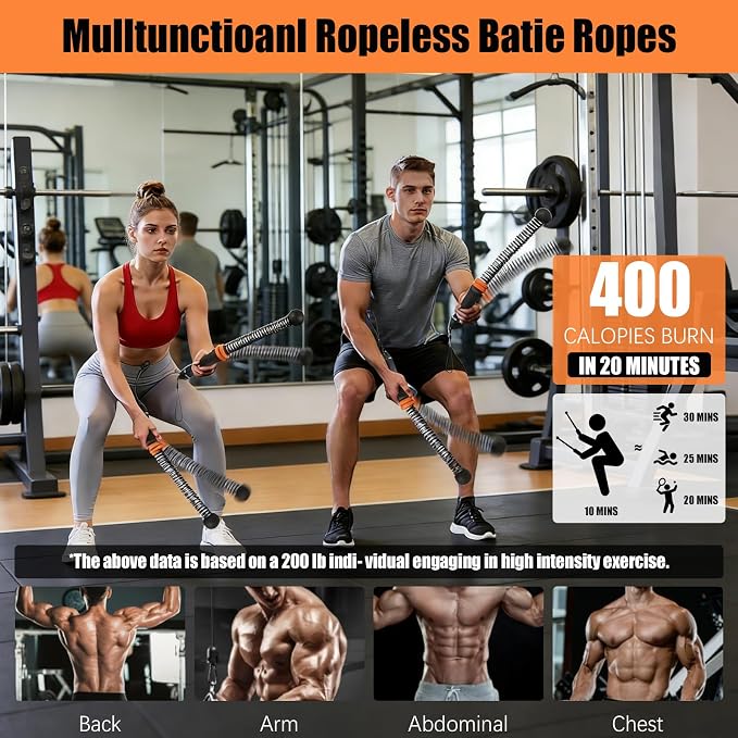 Portable Ropeless Battle Ropes, Adjustable Weights Cordless Battle Ropes. | Adjustable Weights,Cordless,With Storage Bag and Training Poster, Workout Rope for Strength, HIIT and Low-Impact Training