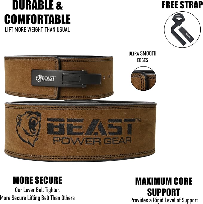 Beast Power Gear Weight Lifting Belt Lever Buckle 10MM 13MM Thick & 4 Inches Free Strap Weightlifting, Powerlifting, Deadlifts, Squats Men Women