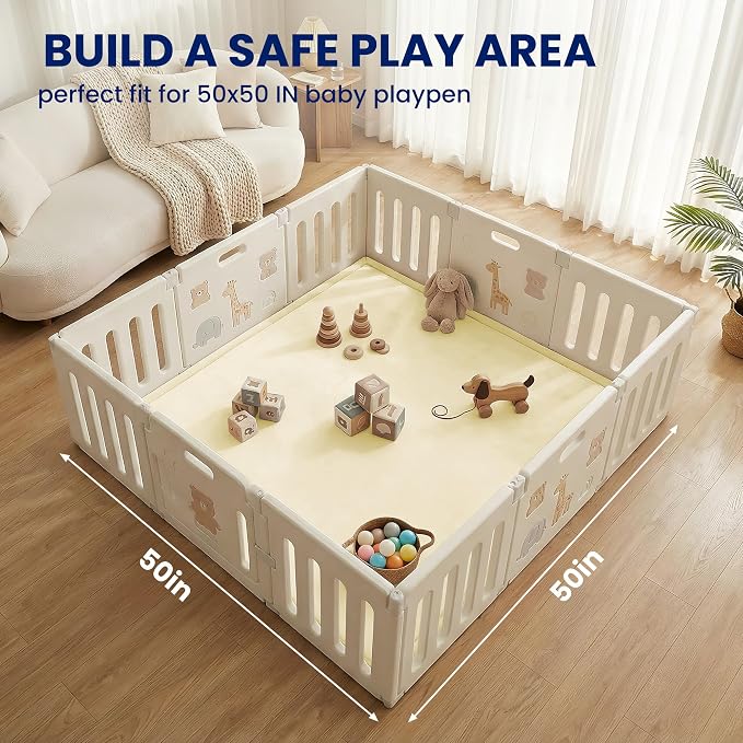 Huloo Sleep Ultra Soft Baby Play Mat for Floor,1.3" Thick Elasti-Foam 50x50 Playpen Mat for Toddlers Infant kids,Non-Slip Backing Safe for Crawling&Tummy Time,Tatami Style (Vanilla)