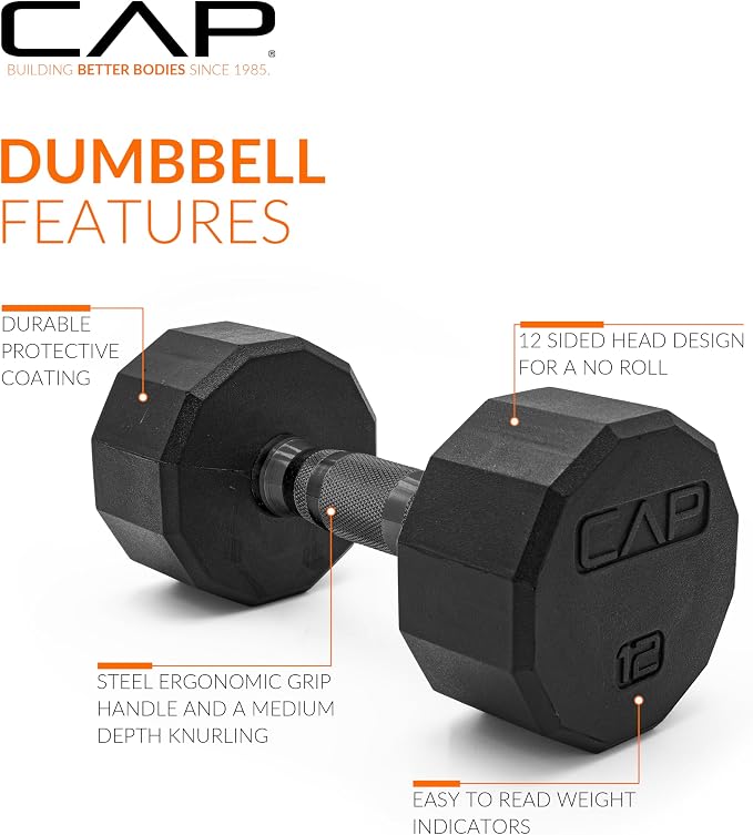 CAP Rubber Coated Dumbbell Weights, Free Weights for Home Gym Strength Training, Anti-Roll Hex Dumbbells with Black, Chrome & Comfort Grip Handles, Singles